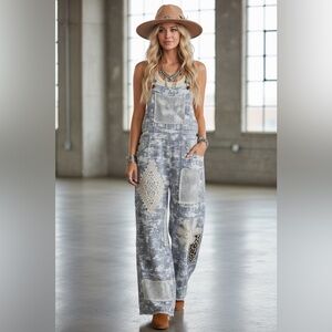 NWT POL Boho Camo Camouflage Patchwork Crochet Leopard Print Patch Overalls